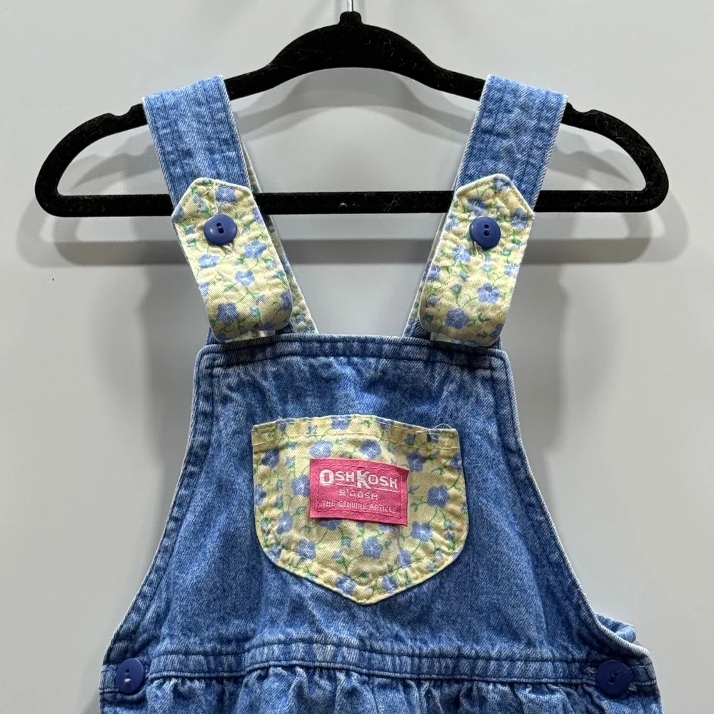 VTG OshKosh B'gosh Kids Denim Overalls Floral Accents Blue Size 4‎ Made in USA